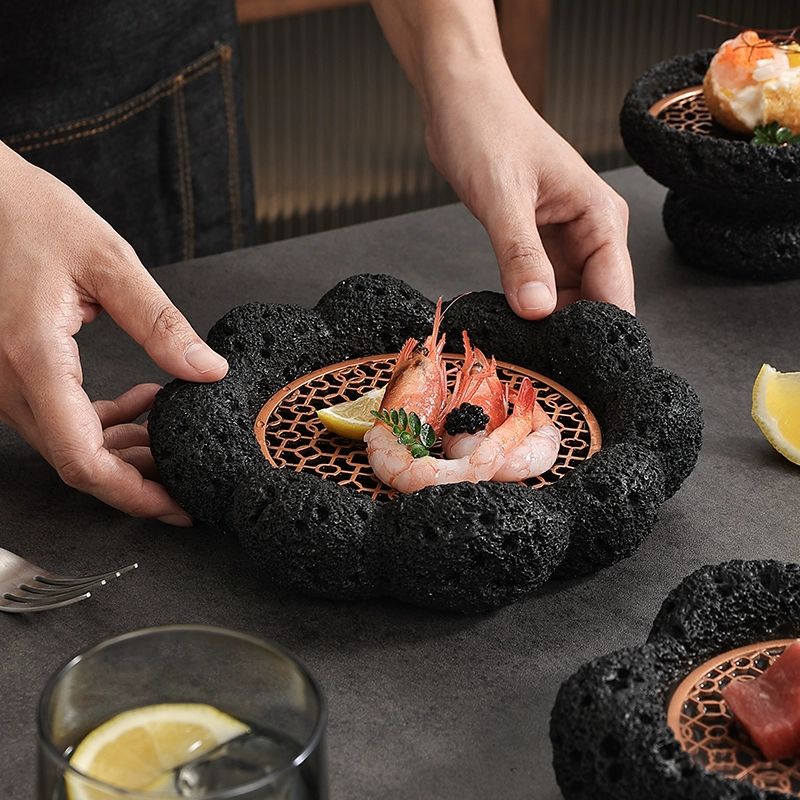 현무암 드라이아이스 접시 칸막이 플레이팅 식기 식당 유성 4.5inch 접시 블랙 동받침대 - 상세 이미지 4