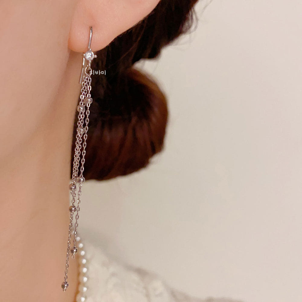 슬림 체인 롱 귀걸이 14K 메탈볼 큐빅 태슬 이어링 이미지 6