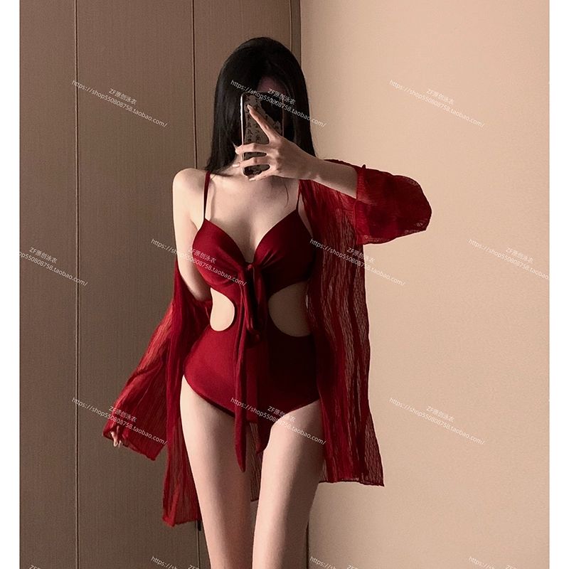 레드 모노키니 원피스 체형커버 수영장 이벤트 의상 와인레드 원피스 수영복+커버 포함 M 80-100 - 상세 이미지 4