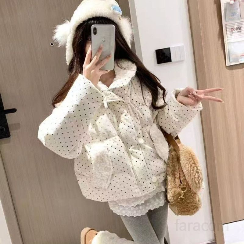 여성 가을 물방울 무늬 퍼 칼라 숏패딩 가볍고 따뜻한 일상용 외출용 스타일리시한 디자인 편안한 착용감 데일리 코튼 재킷