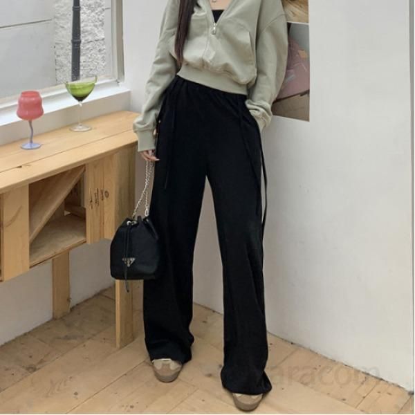 여성 랜턴 와이드 팬츠 드로스트링 레이스업 디자인 캐주얼 운동복 스타일 편안한 착용감의 스웨트 팬츠 모던한 가을용 여성용 바지 - 상품 이미지