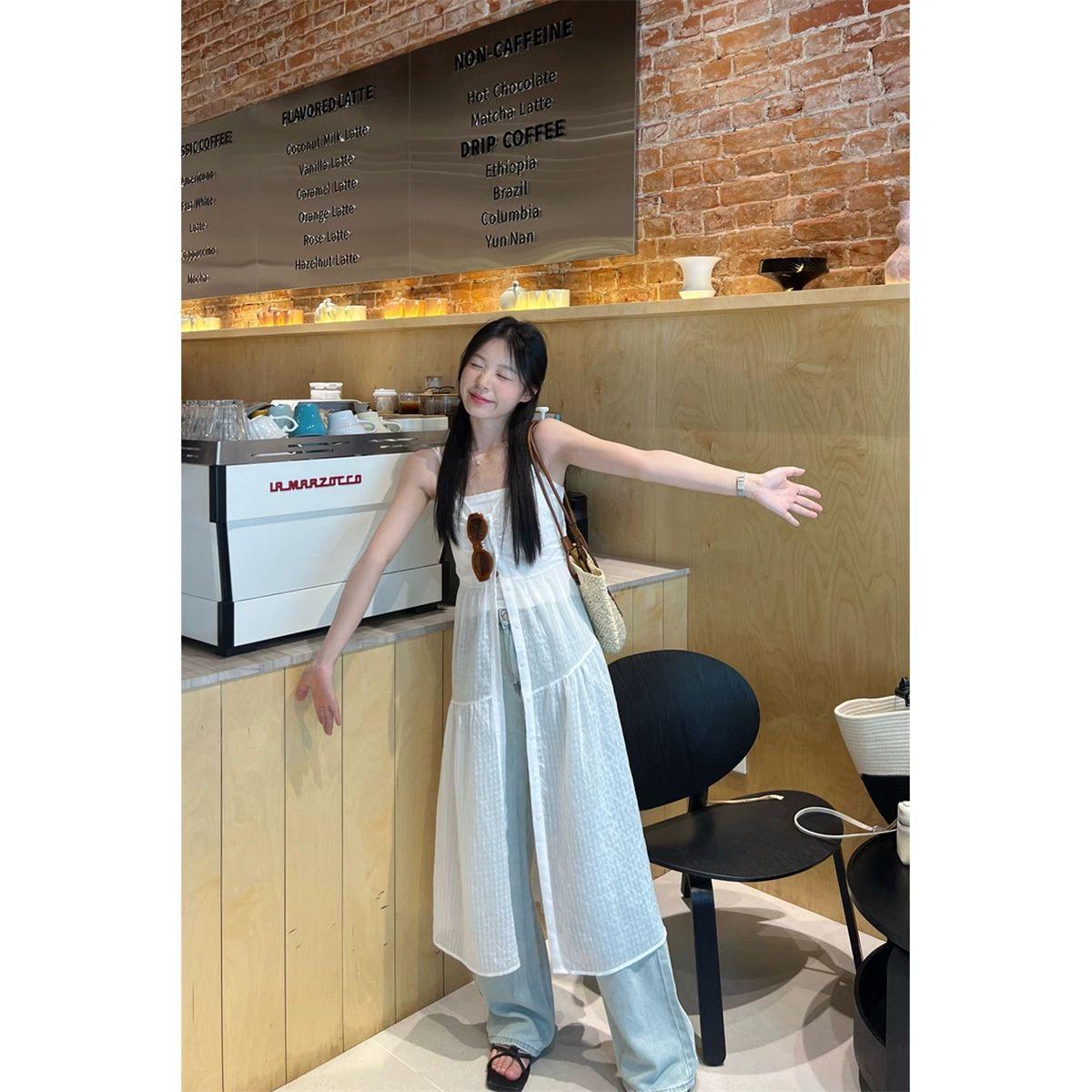 레이어드 원피스 펀칭 시스루 뜨개 체형커버 그물 화이트 S - 상세 이미지 2