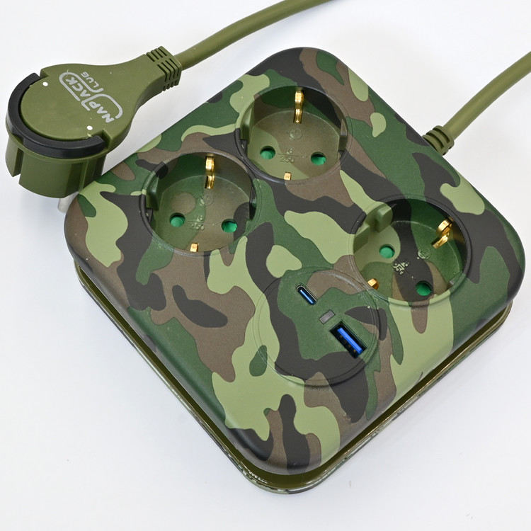 러그박스 납작 멀티탭 플러그 C타입 USB 카모 디자인 고용량 콘센트 사각 1.4m 3구 - 상세 이미지 2