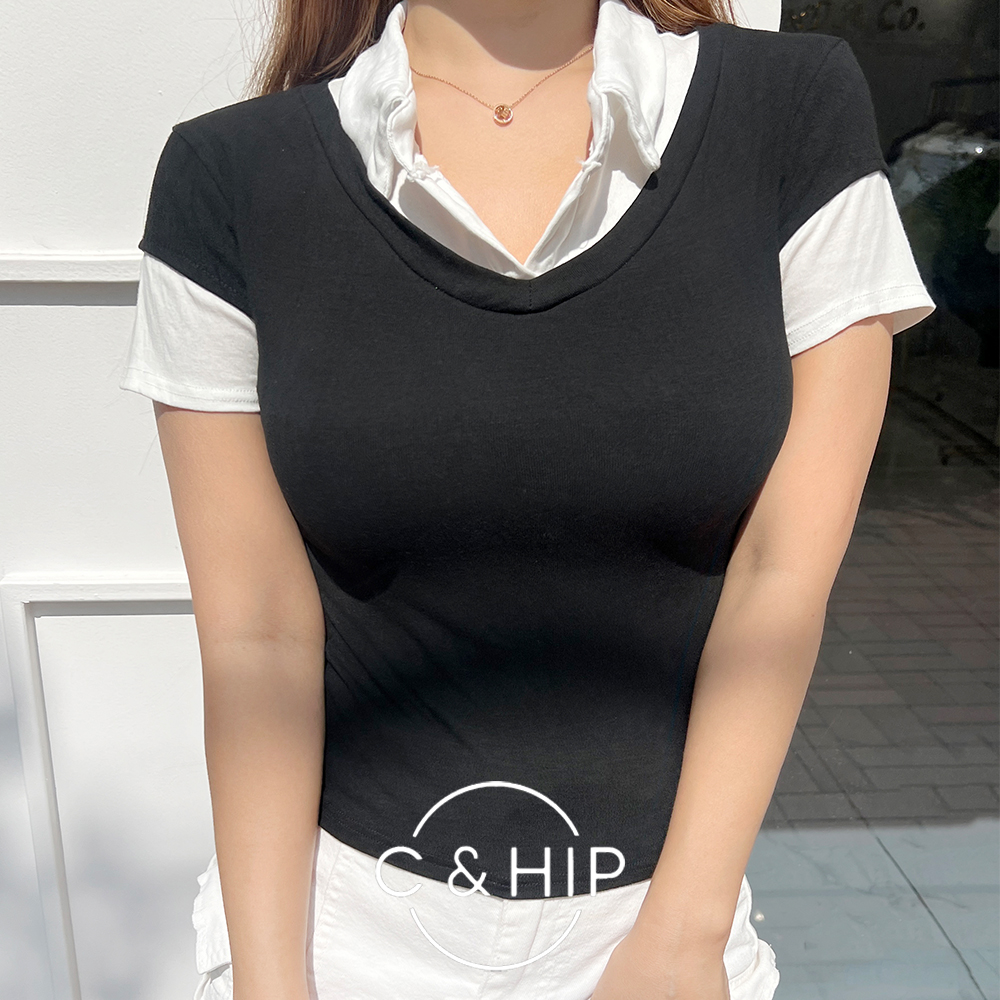 긱시크 무지 배색 소매 카라 반팔 티셔츠 - 상세 이미지 2