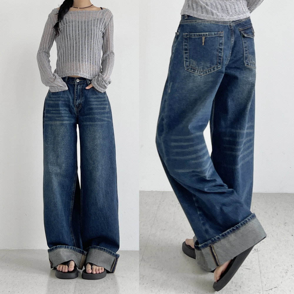 여성와이드청바지 진청 봄 가을 데님통바지 롤업진 포켓브러쉬진