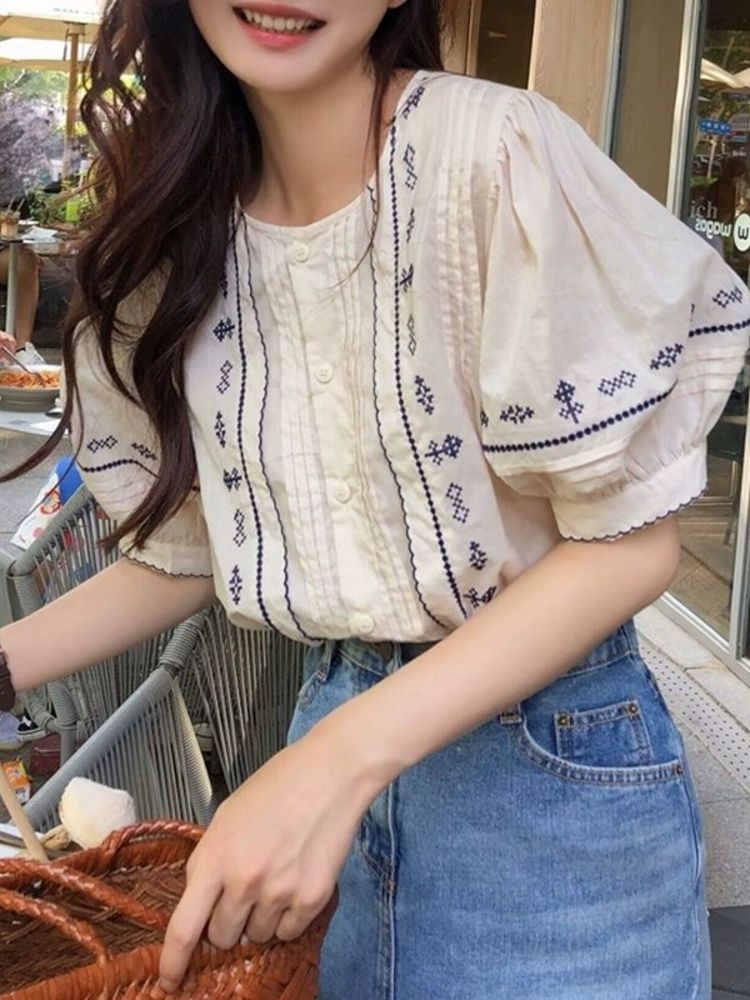 여성 반팔 블라우스 퍼프 시원한 데일리 살구색 S - 상품 이미지