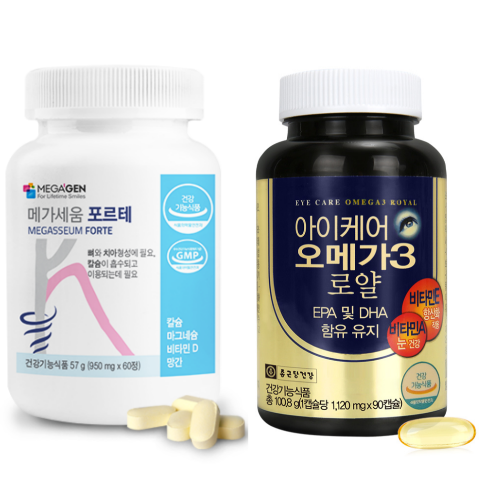 메가세움 포르테 칼슘 마그네슘 비타민 D 망간+종근당건강 아이케어 오메가3 로얄 - 상품 이미지