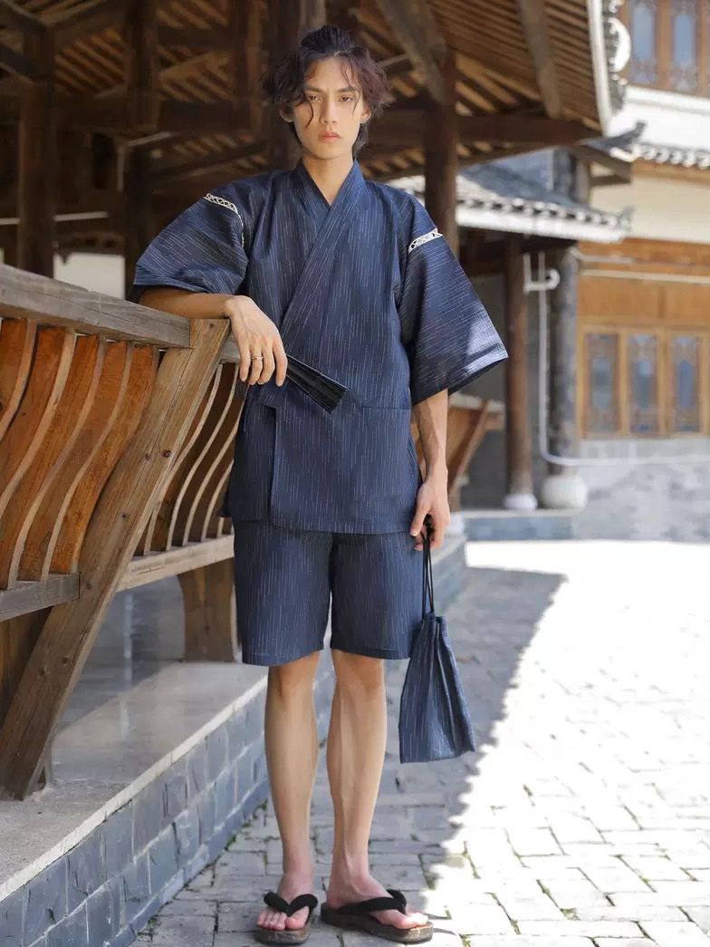 일본 전통 반팔 사무라이 남성 빈티지 가운 블루화이트비 M사이즈 67.5kg이하 - 상세 이미지 3