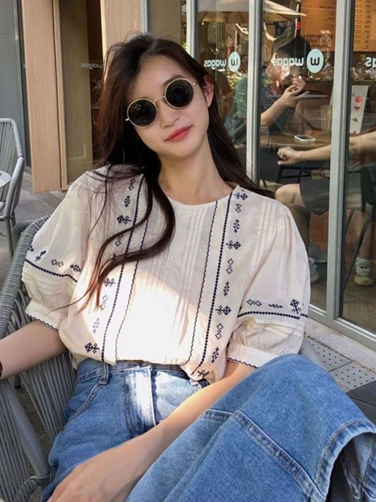 여성 반팔 블라우스 퍼프 시원한 데일리 살구색 S - 상세 이미지 2