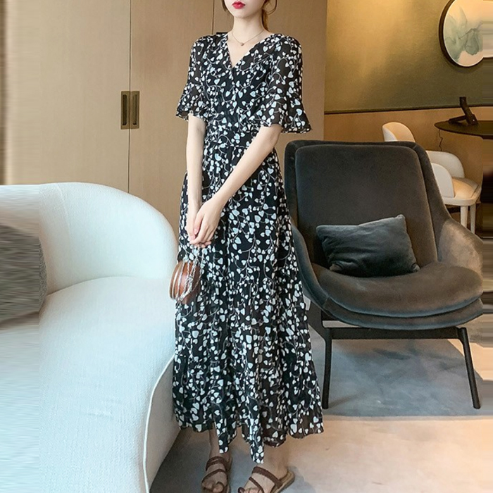 루즈리 하트블라썸 롱 원피스 차르르 퍼프 소매 링클 쉬폰 프릴 꽃무늬 원피스 편한 하객 바캉스 - 상세 이미지 2