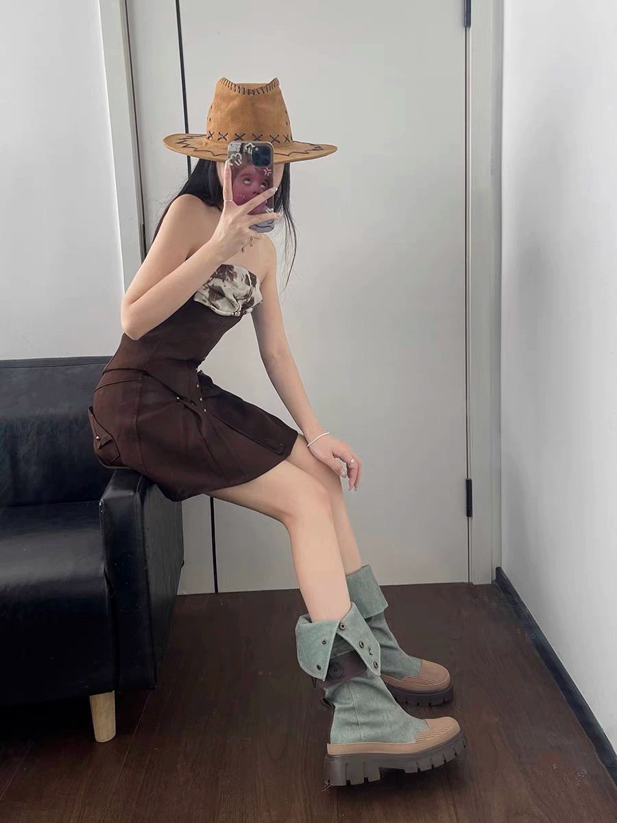 청부츠 하비 롱부츠 옆지퍼 린넨 종아리넓은 통넓은 데님블루 35 - 상세 이미지 3