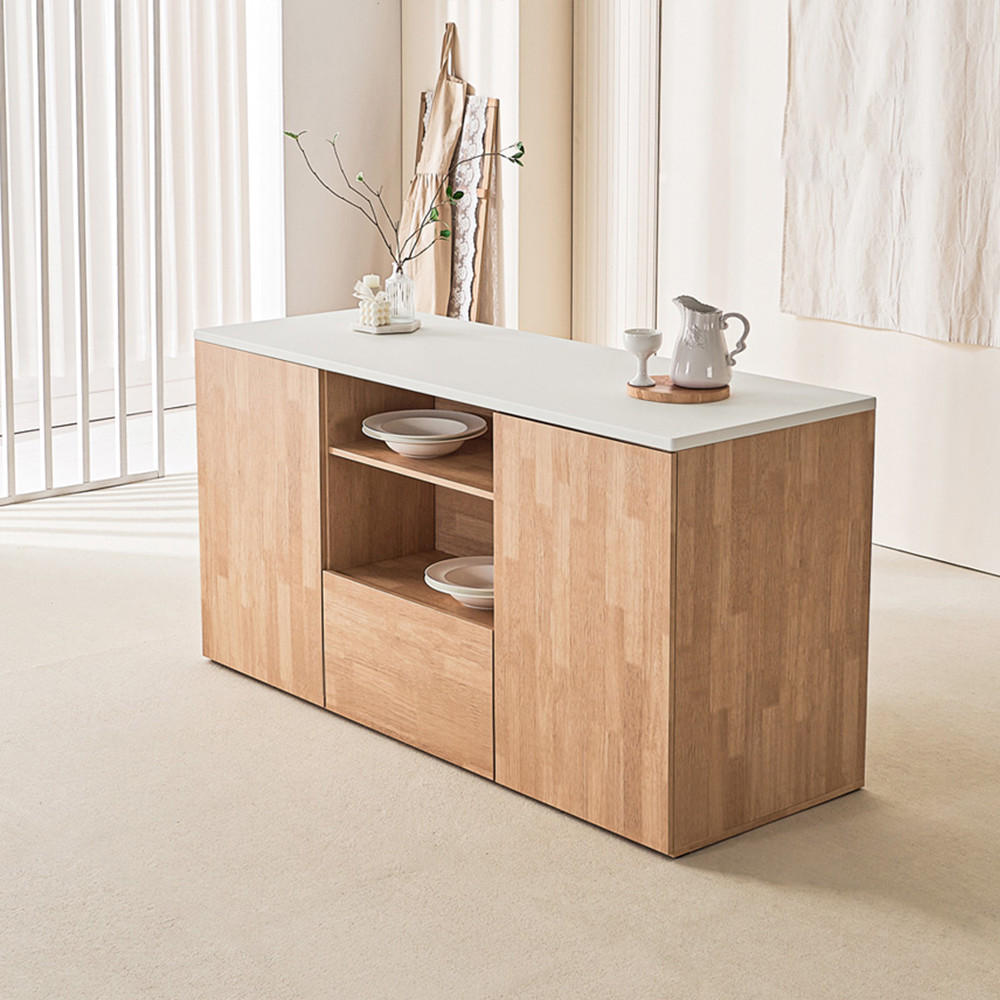 오비 아일랜드식탁 주방 보조 수납 테이블 양방향 홈바 1600mm, 우드화이트