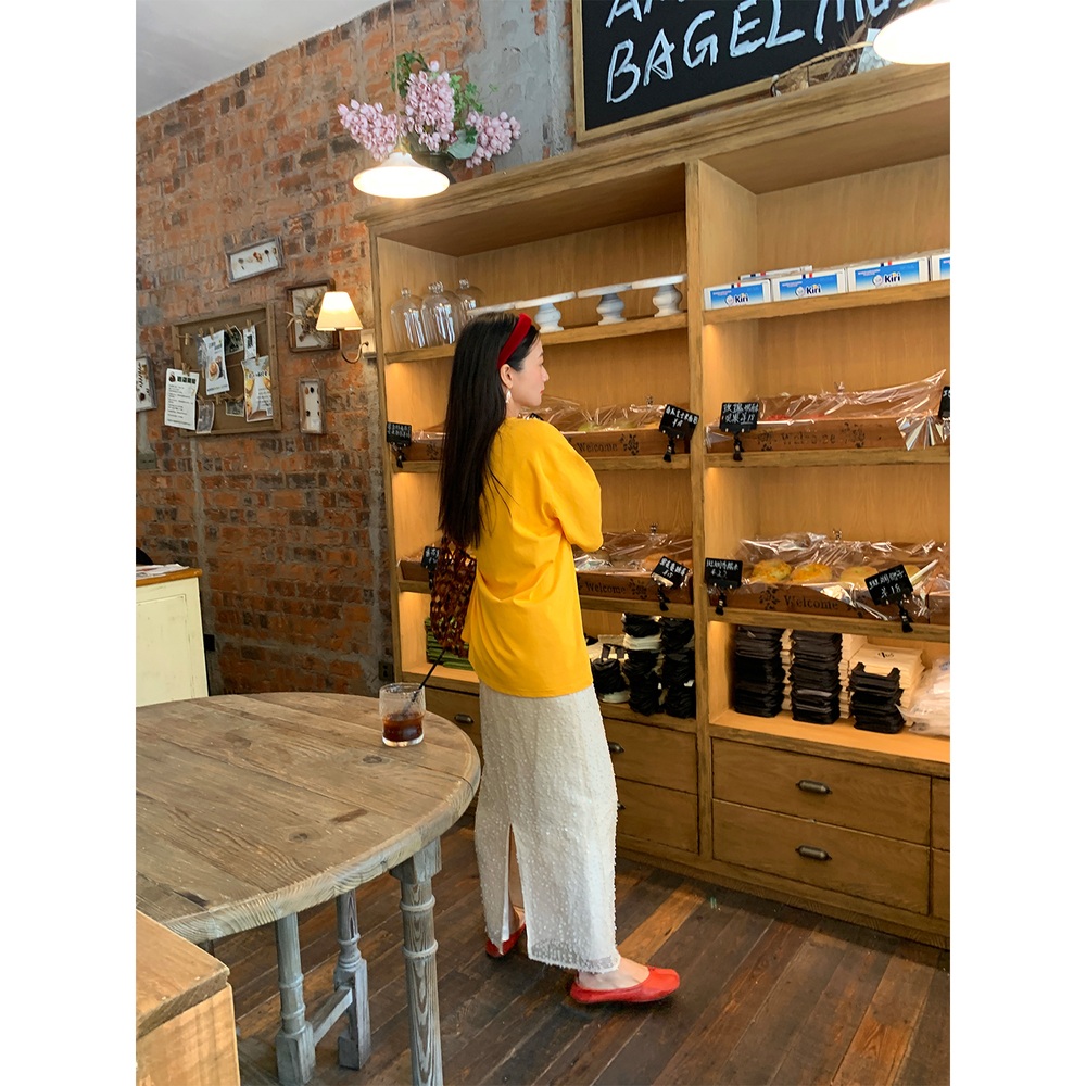 스팽글비즈망사 밴딩 롱스커트 뒷트임 데일리 캐주얼 예쁜핏 디자인 봄여름 베이지샴페인 - 상세 이미지 5