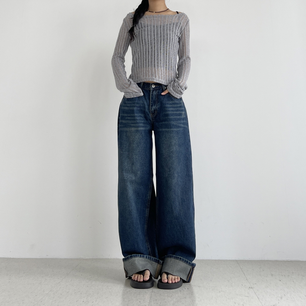 여성와이드청바지 진청 봄 가을 데님통바지 롤업진 포켓브러쉬진 - 상세 이미지 2