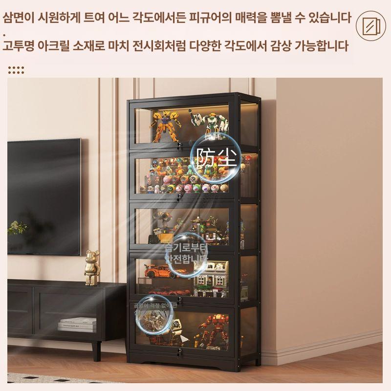 피규어장 LED조명 건프라 디스플레이박스 진열장 아크릴 잠금 조명 투명 펑크 블랙 2단 60CM 3면 - 상세 이미지 2