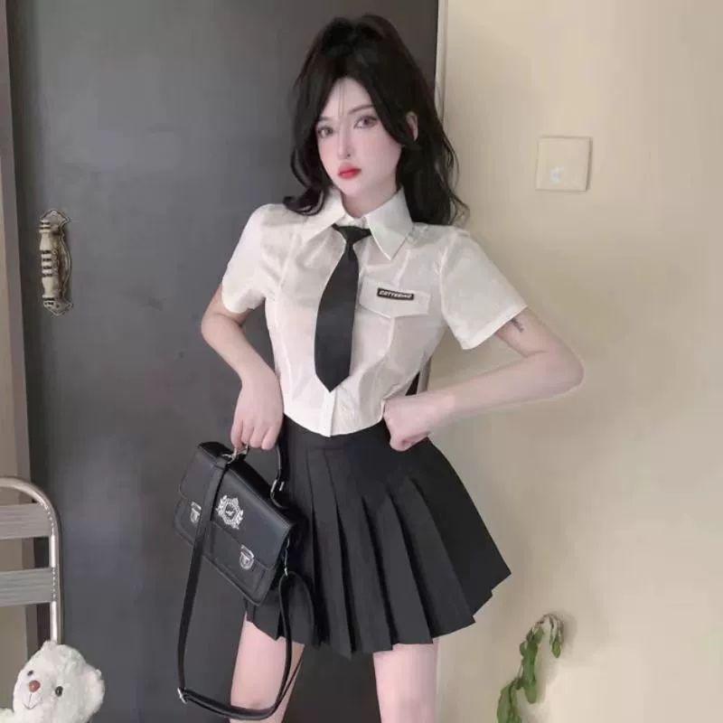 여성 넥타이 반팔 루즈핏 면접 블라우스 학생룩 단품 블루 셔츠 S - 상세 이미지 4