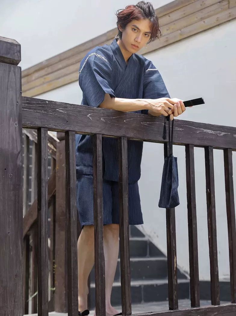 일본 전통 반팔 사무라이 남성 빈티지 가운 블루화이트비 M사이즈 67.5kg이하 - 상세 이미지 4