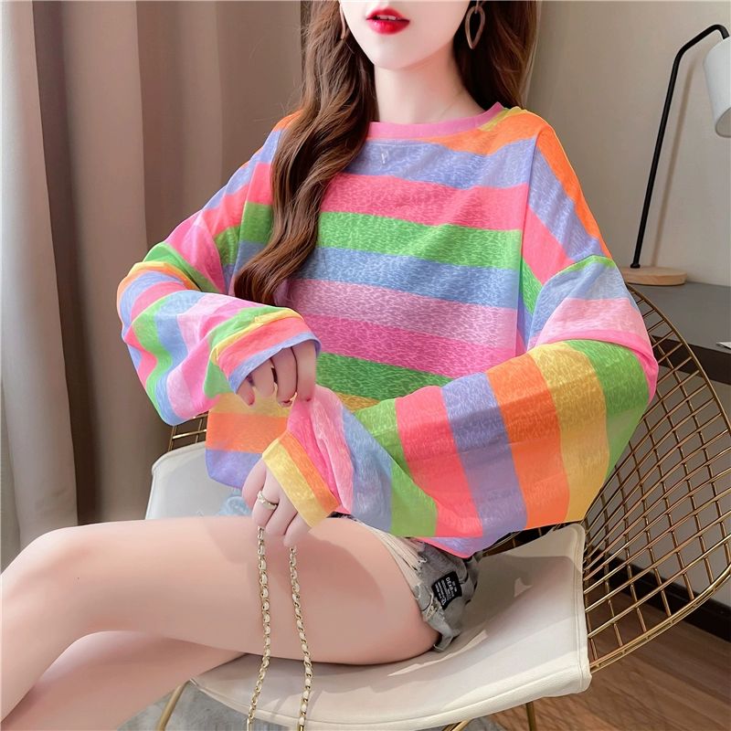 루즈핏 긴팔 여름 오버핏 레인보우 스웻셔츠 라운드넥 파란 줄무늬 M 40.0-55.0kg적합 - 상세 이미지 4