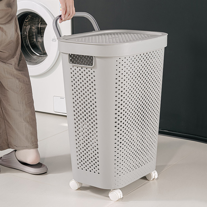 뚜껑 있는 바퀴달린 빨래 통 이동식 바퀴형 대용량 메쉬 세탁 바구니 화이트, 60L 상품 이미지
