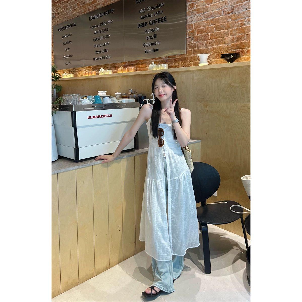 레이어드 원피스 펀칭 시스루 뜨개 체형커버 그물 화이트 S - 상세 이미지 4