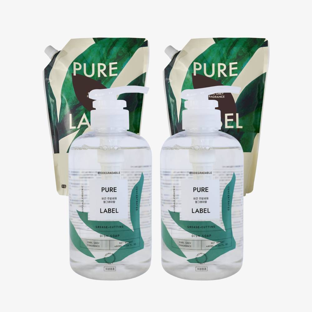 퓨어라벨 비건 주방세제 얼그레이향 본품(480ml) 2개 + 리필(1L) 2개 - 메인 이미지