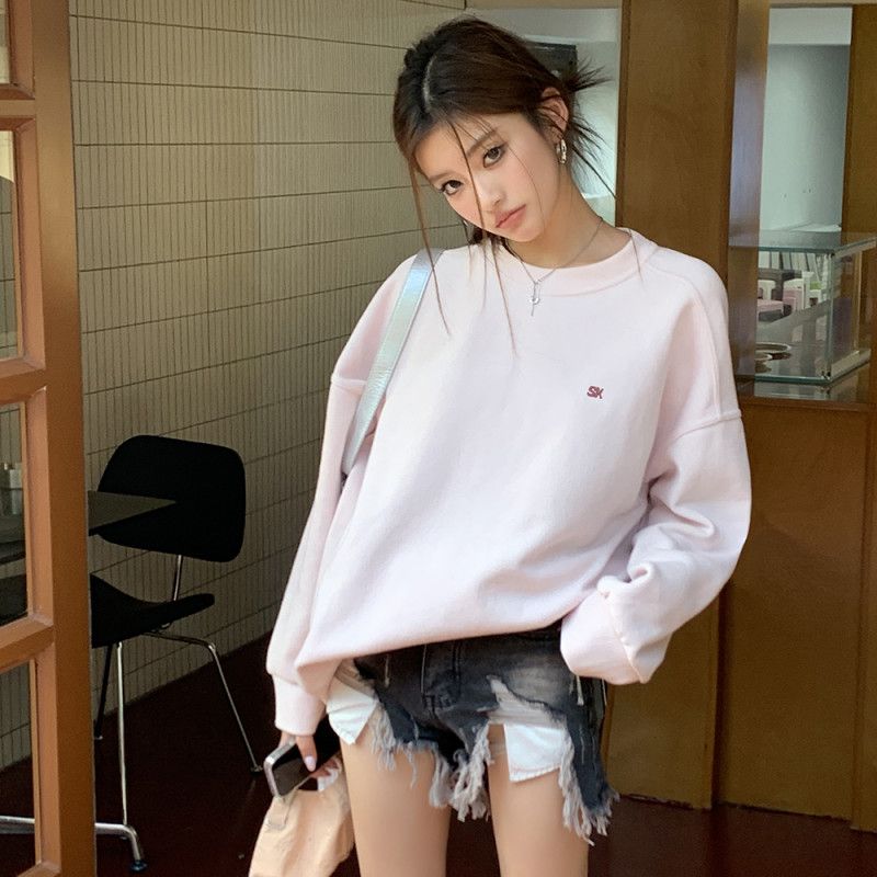 여성 드롭숄더 스웨트셔츠 봄 간절기 라이트 핑크 캐주얼 맨투맨 편안한 착용감 스타일리시한 데일리 룩 모던한 디자인 외출용 풀오버 탑 - 상품 이미지