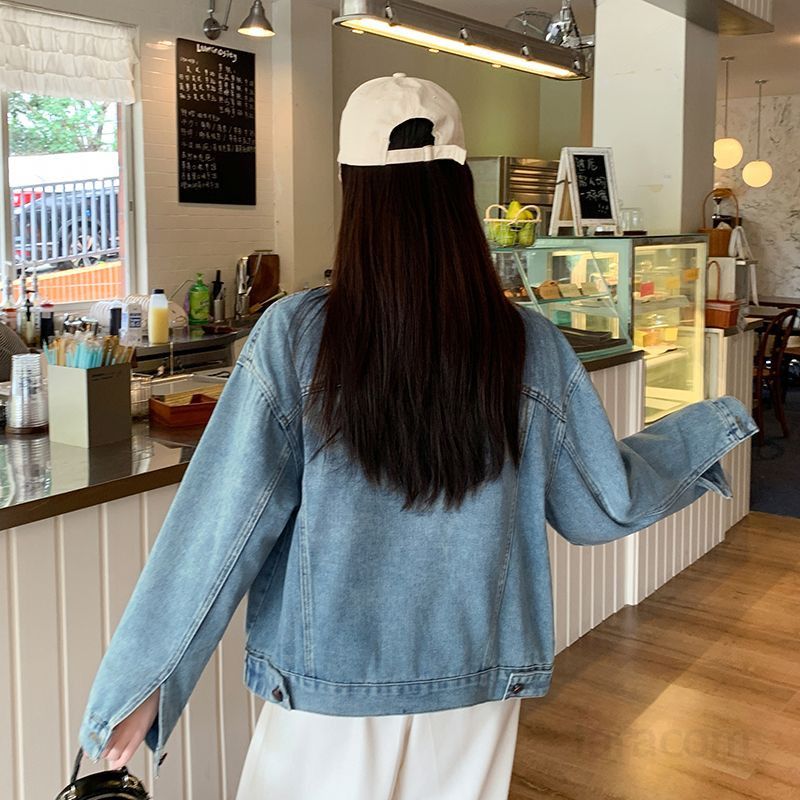 여성 레트로 숏 데님 청자켓 루즈핏 여름 데일리 긴팔 재킷 캐주얼 스타일 외출용 시원한 착용감 모던한 디자인 트렌디한 패션 - 상세 이미지 4