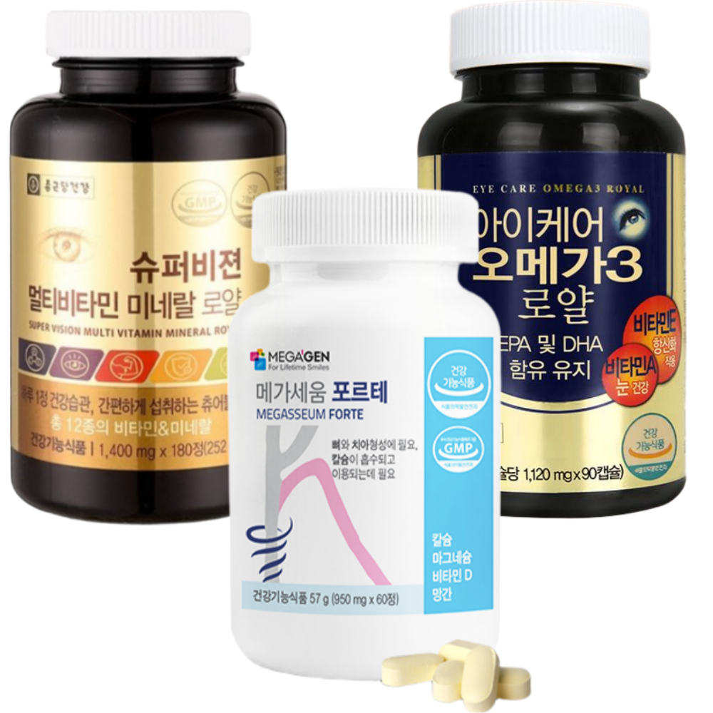 종근당건강 아이케어 오메가3+슈퍼비젼 멀티비타민 미네랄+메가세움 포르테 뼈와치아형성 - 상품 이미지