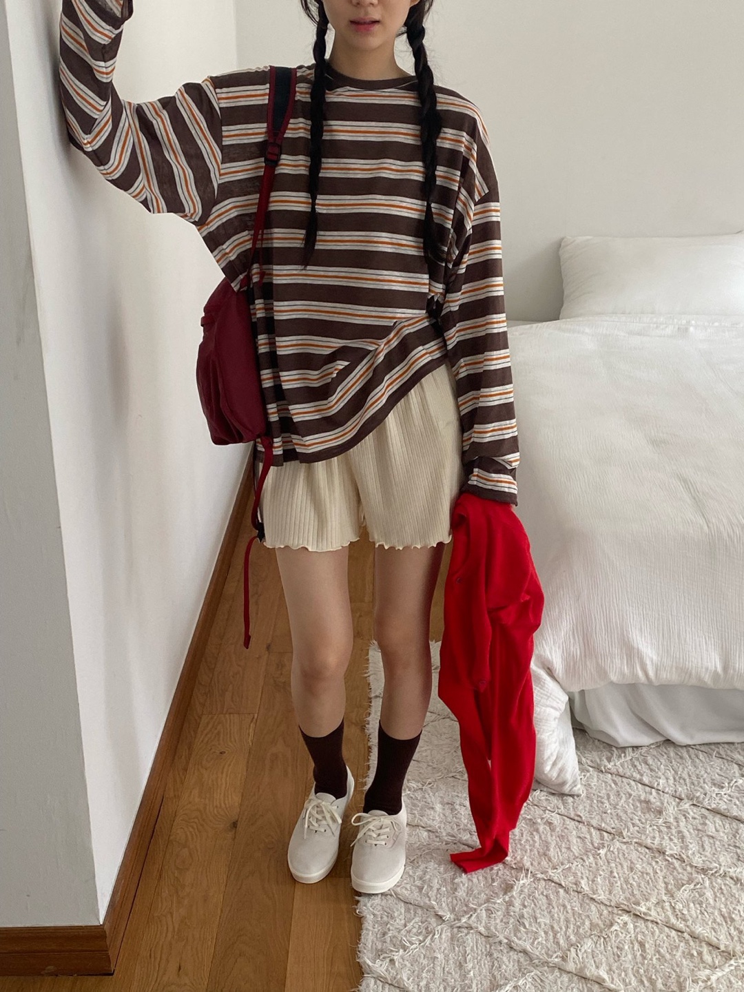 슬라브 스트라이프 오버핏 롱 티셔츠 간절기 박스핏 긴팔 티 이미지 8