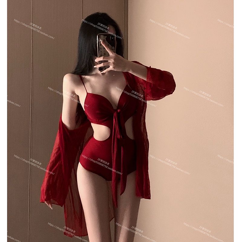 레드 모노키니 원피스 체형커버 수영장 이벤트 의상 와인레드 원피스 수영복+커버 포함 M 80-100 - 상세 이미지 3