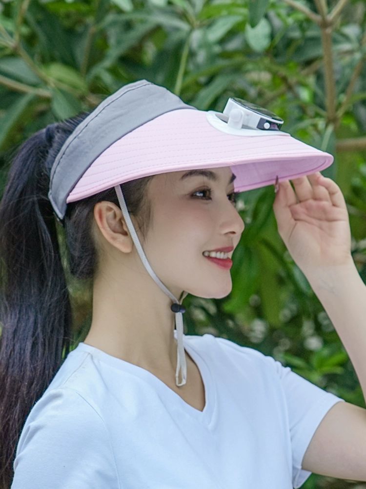 선풍기썬캡 선풍기모자 선바이저 햇빛 농사 해변 대형 대챙 오픈탑 핑크그레이 태양광+USB충전 충전기 증정 - 상품 이미지