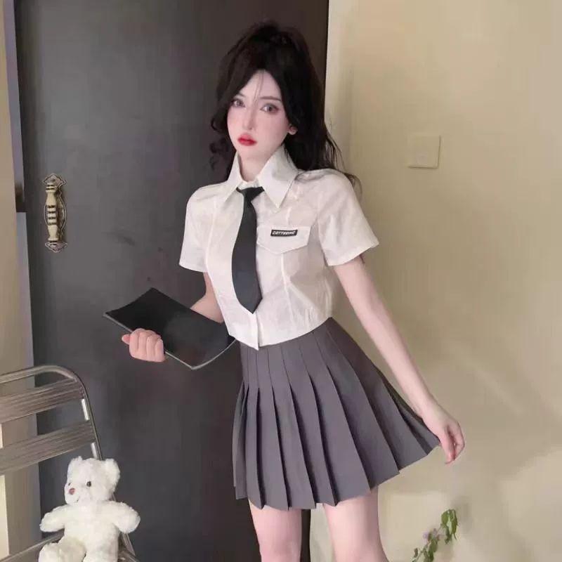 여성 넥타이 반팔 루즈핏 면접 블라우스 학생룩 단품 블루 셔츠 S - 상세 이미지 3