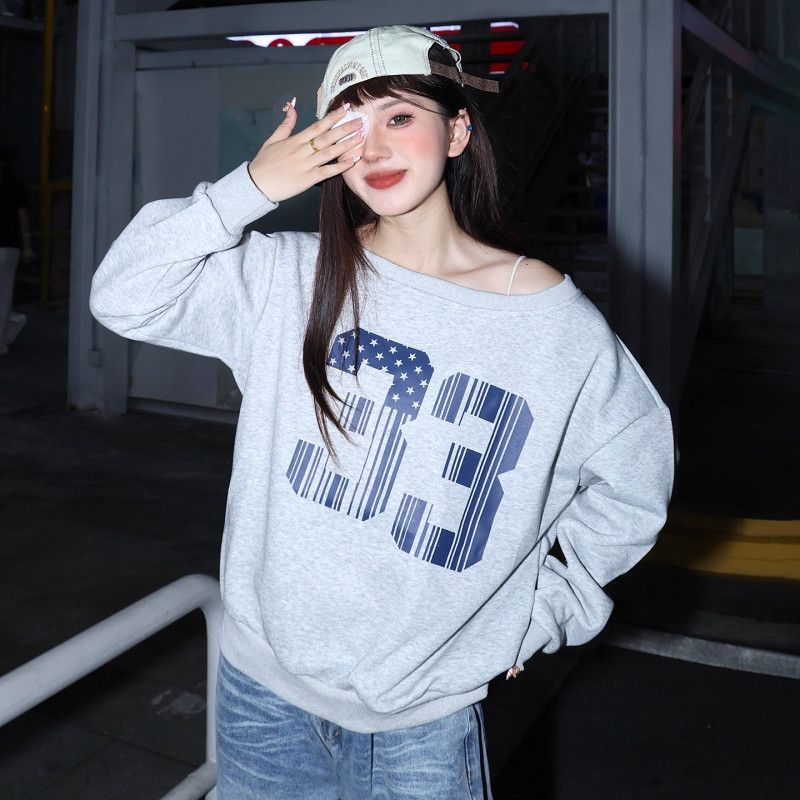 여성 긴팔 스웨터 가을 데일리 코튼 편안한 라운드티셔츠 스타일 비스듬한 어깨 디자인 느슨한 핏 캐주얼한 얇은 상의 모던한 세련된 외출용 - 상세 이미지 2