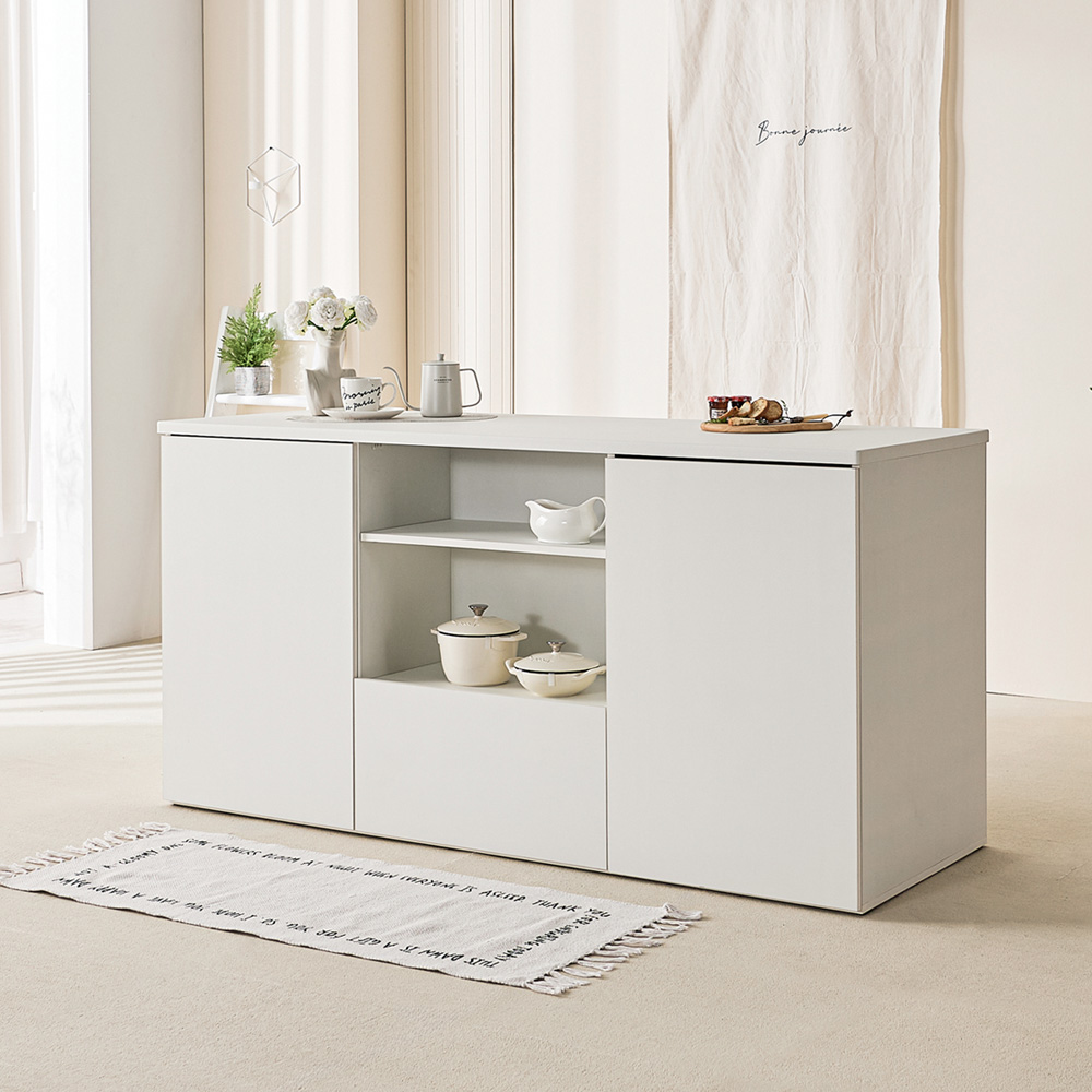 오비 아일랜드식탁 주방 보조 수납 테이블 양방향 홈바 1600mm, 화이트대리석