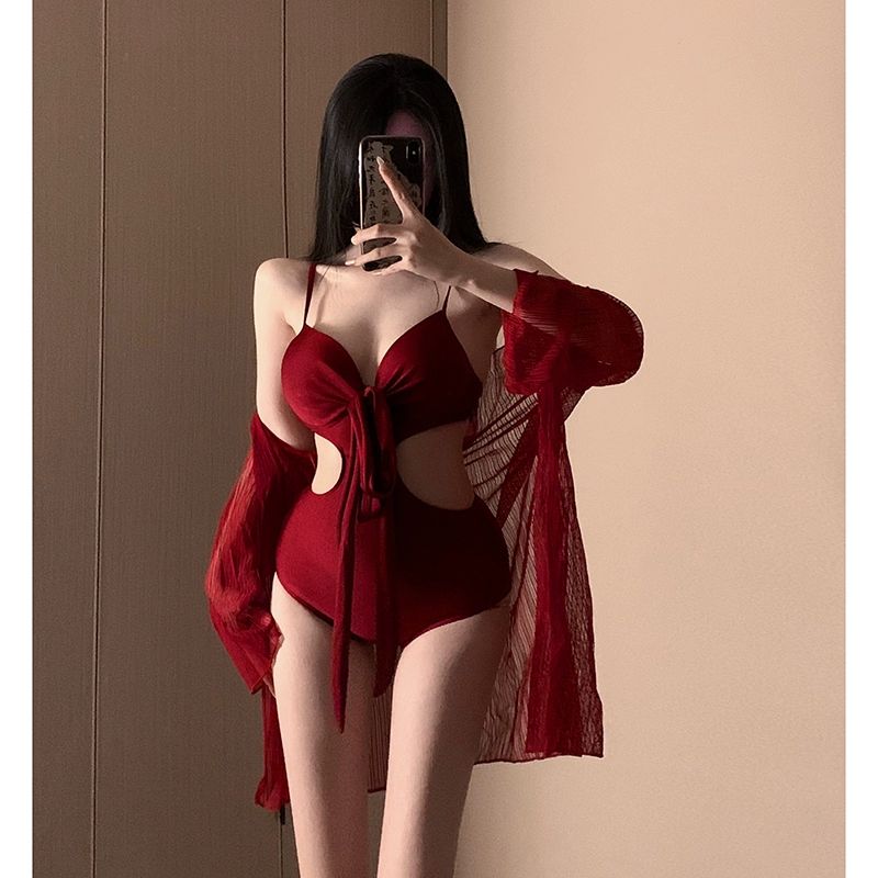 레드 모노키니 원피스 체형커버 수영장 이벤트 의상 와인레드 원피스 수영복+커버 포함 M 80-100 - 상품 이미지
