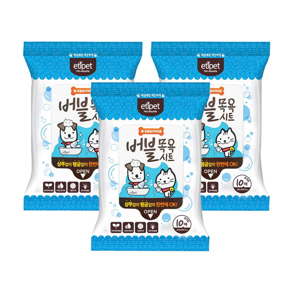 에티펫 강아지물티슈 버블목욕 시트 10매, 3팩 - 상품 이미지