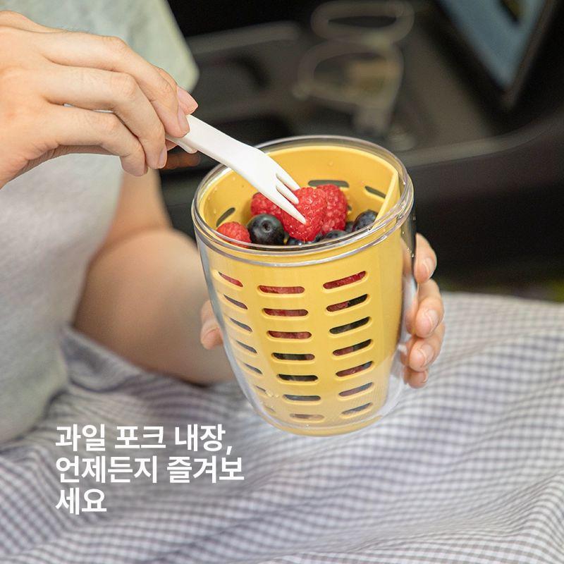 과일통 샐러드 간식통 옐로우 용기 후르츠팟 600ml 옐로우 과일 포크 포함 - 상세 이미지 4
