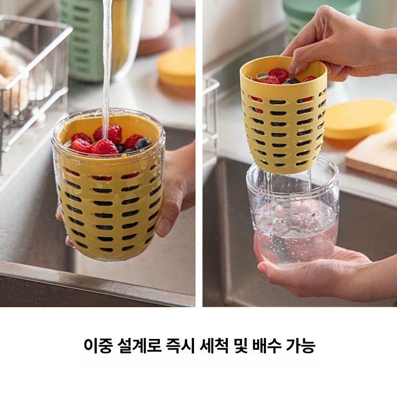 과일통 샐러드 간식통 옐로우 용기 후르츠팟 600ml 옐로우 과일 포크 포함 - 상세 이미지 3