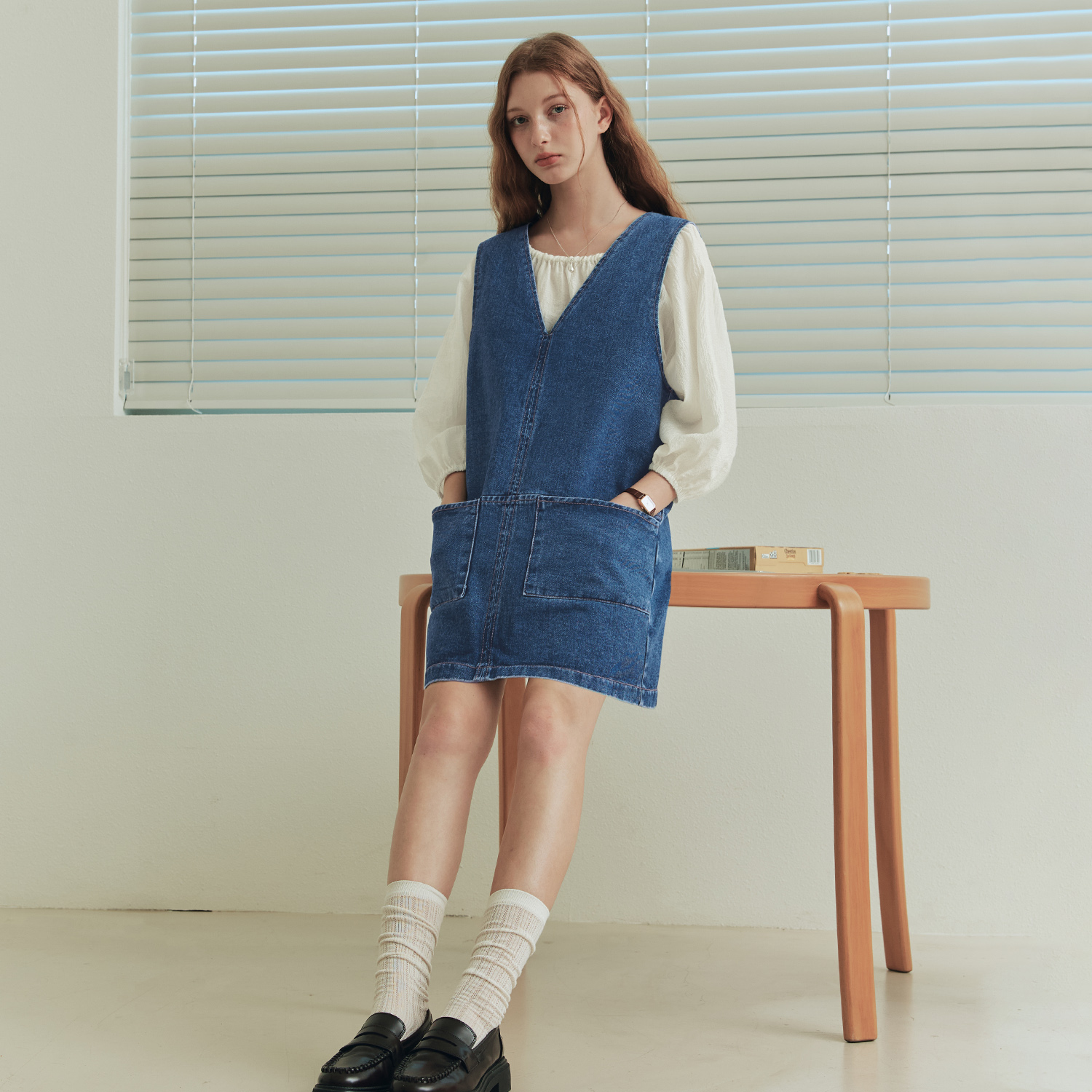 [제로스트릿] 스티치 브이넥 데님 원피스 STITCH V-NECK DENIM ONE-PIECE / BLUE - 상세 이미지 3