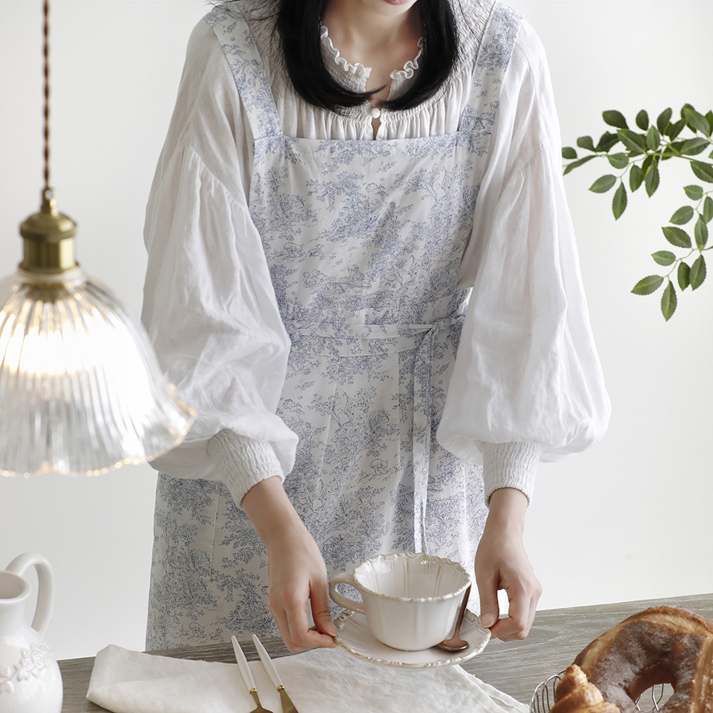모닝블루 카페 주방 프릴 롱 원피스형 린넨 면 원피스 앞치마 에이프런