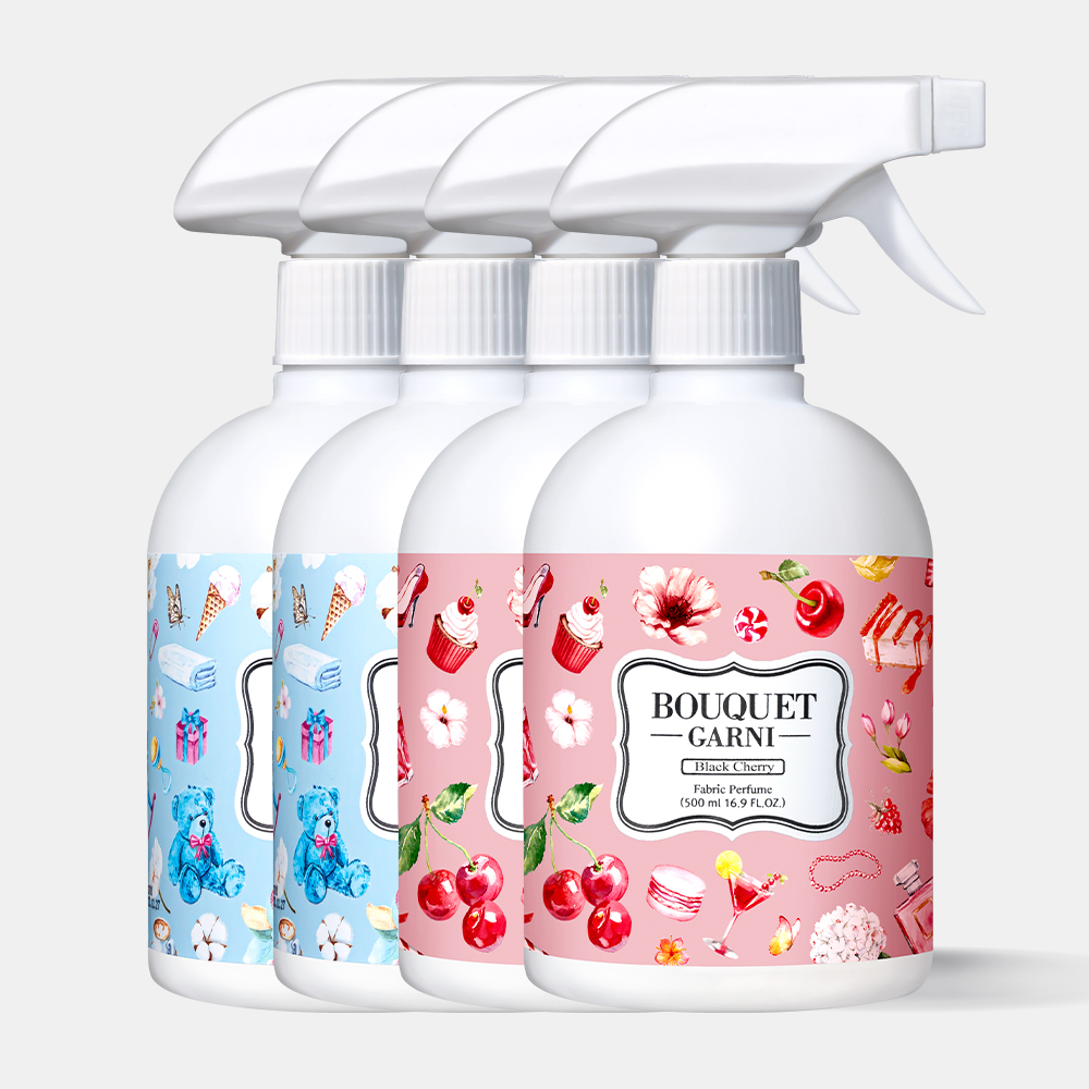 [4개] 부케가르니 섬유탈취제 500ml 섬유향수 룸스프레이 베이비파우더 2개+블랙체리2개 향교차가능