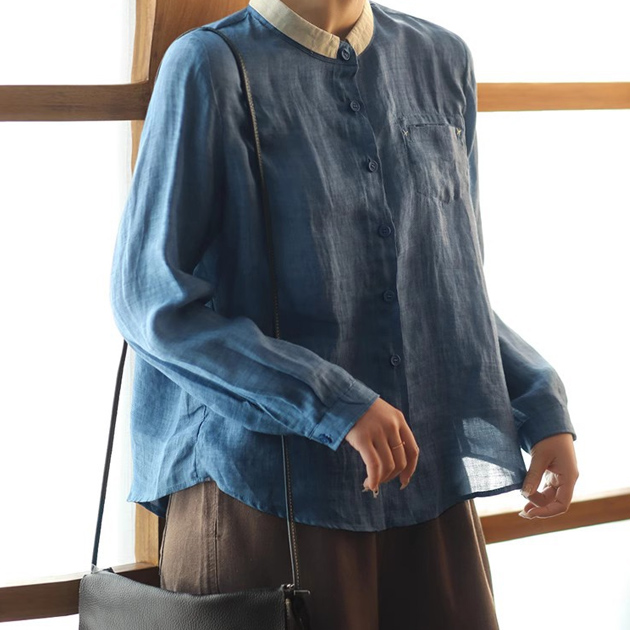 중년여성 린넨 블라우스 긴팔 배색 카라 루즈핏 빈티지 셔츠 - 상품 이미지