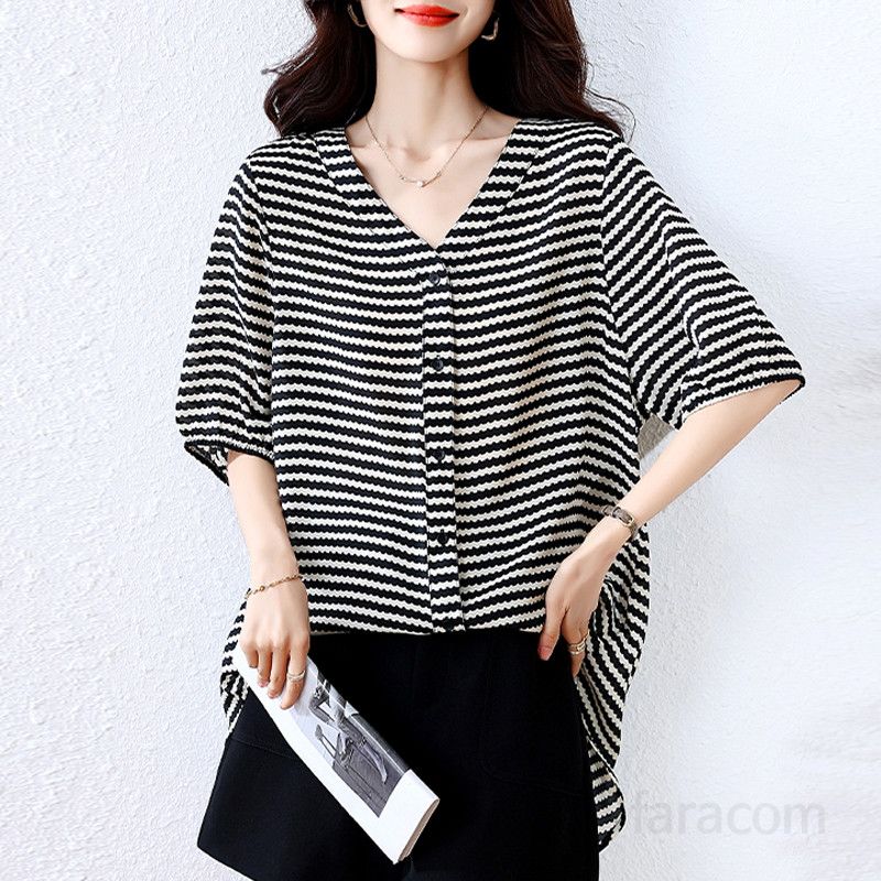 여성 스트라이프 V넥 가디건 여름 캐주얼 드레스 셔츠 라지 사이즈 중년 엄마룩 시원한 착용감 스타일리시한 외출용 빅사이즈