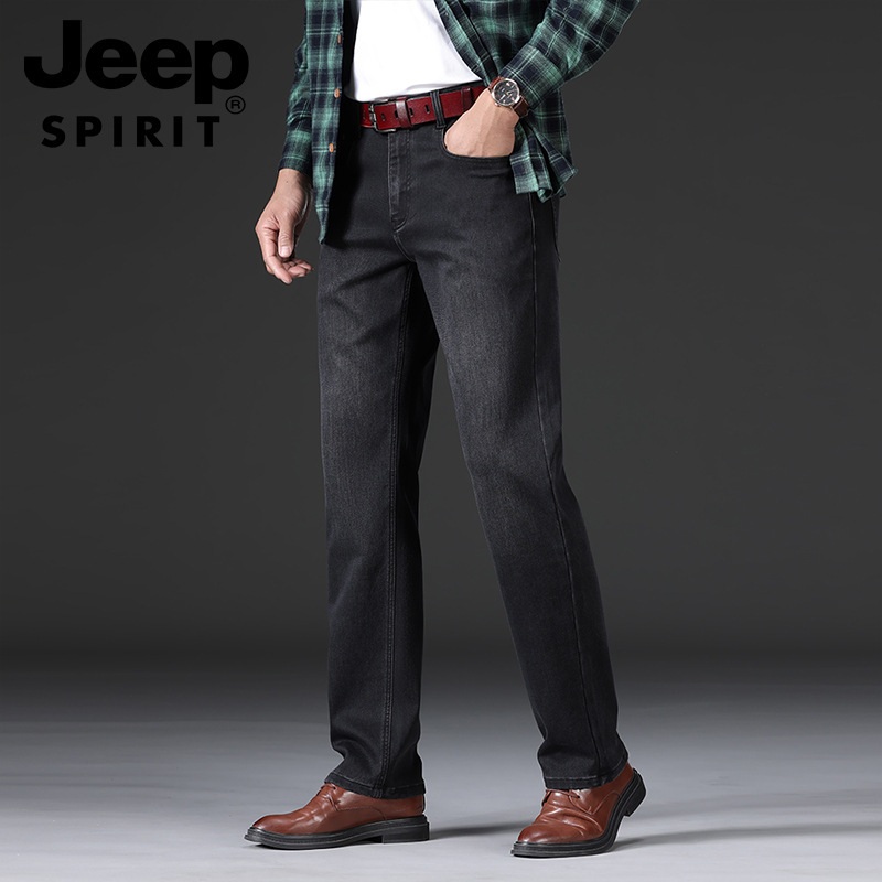 JEEP SPIRIT 남성 스트레이트 루즈 청바지 가을 겨울 두꺼운 따뜻한 스트레치 팬츠 - 상세 이미지 3