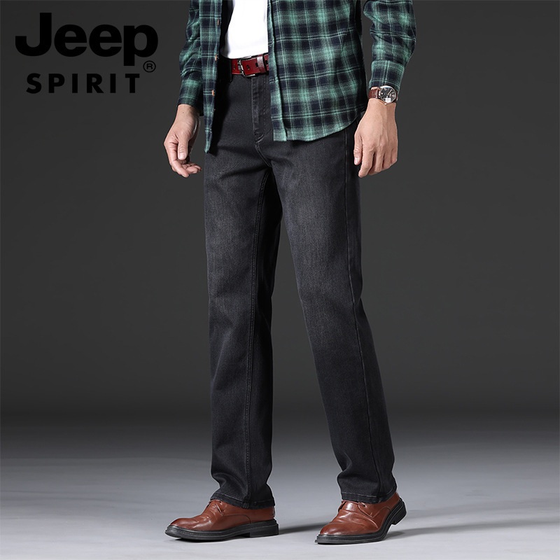 JEEP SPIRIT 남성 스트레이트 루즈 청바지 가을 겨울 두꺼운 따뜻한 스트레치 팬츠 - 상세 이미지 2