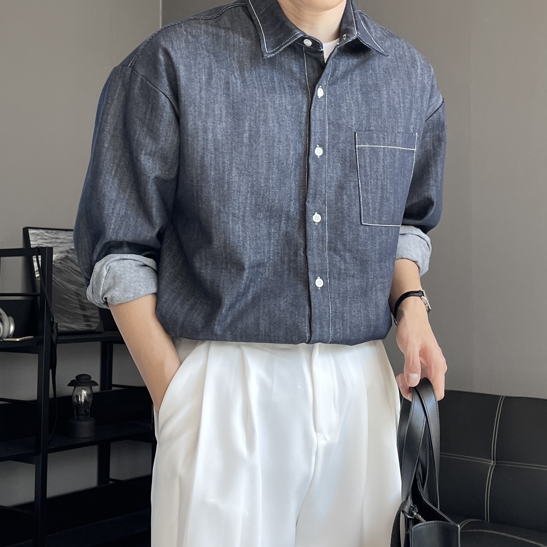 남자청남방 남자데님셔츠 오버핏셔츠 - 상세 이미지 3