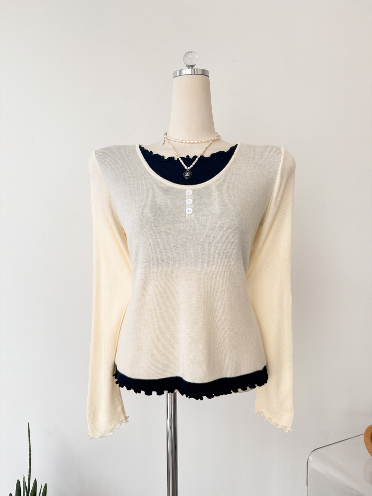 오버로크 배색 레이어드 물결 골지 니트