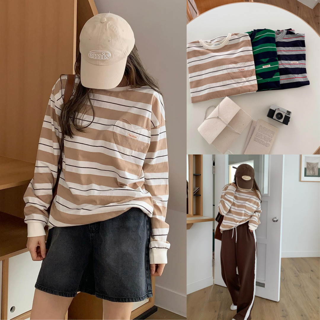 폼스튜디오 스트라이프 멀티 하트 포켓 티셔츠 루즈핏 줄무늬 빈티지룩 - 상품 이미지