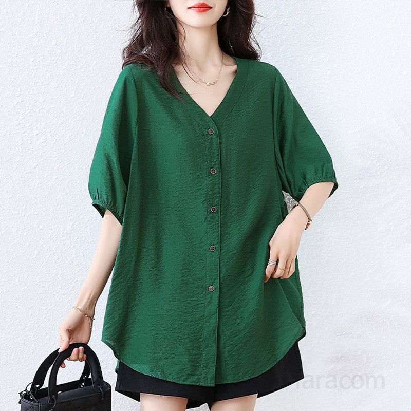 여름 루즈핏 브이넥 가디건 원피스 시원한 착용감 중년 여성 캐주얼 라지 사이즈 셔츠 스타일 여행 휴양지룩 빅사이즈 - 상세 이미지 2