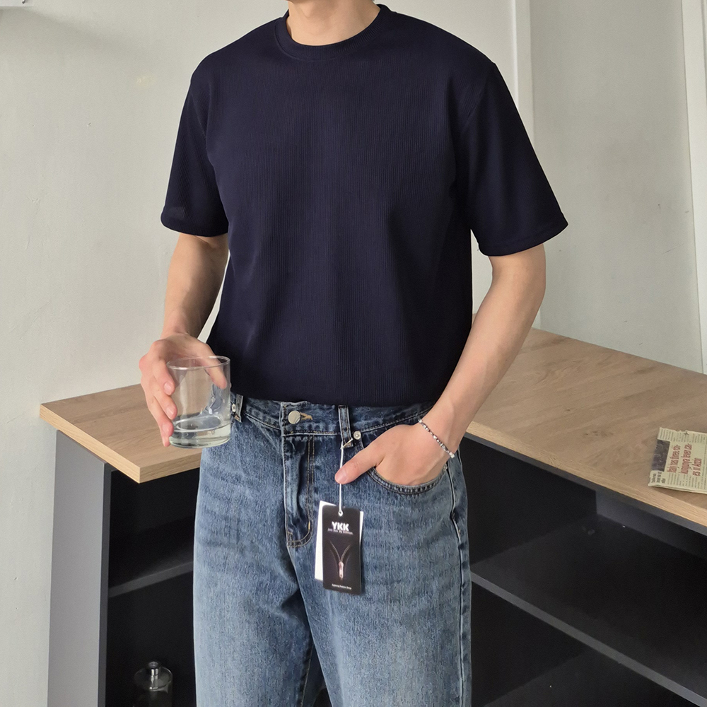 남자 반팔티 빅사이즈 라운드 무지 와플 오버핏 반팔티 - 상세 이미지 3